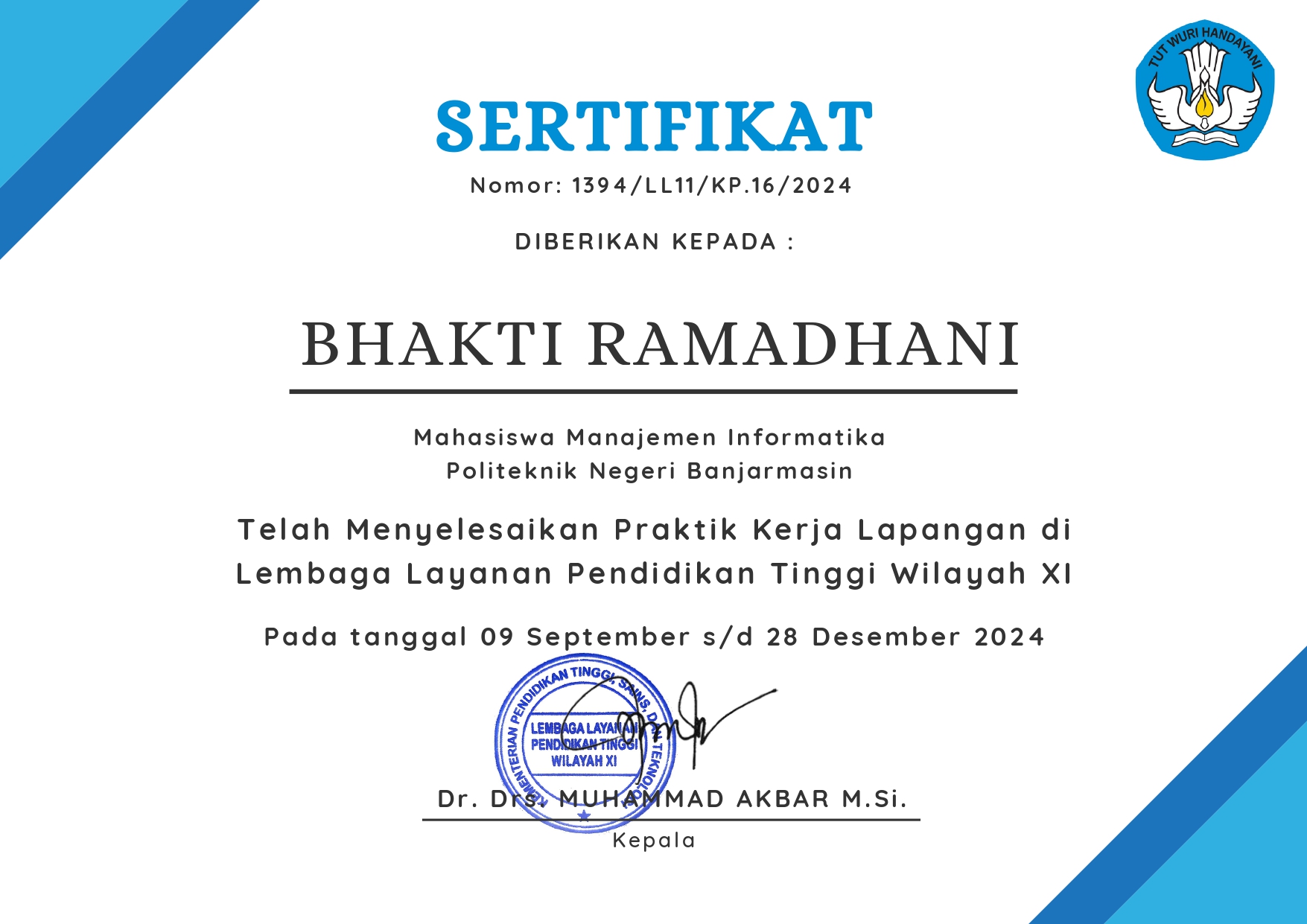Sertifikat PKL Lembaga Layanan Pendidikan Tinggi(LLDIKTI) Wilayah XI